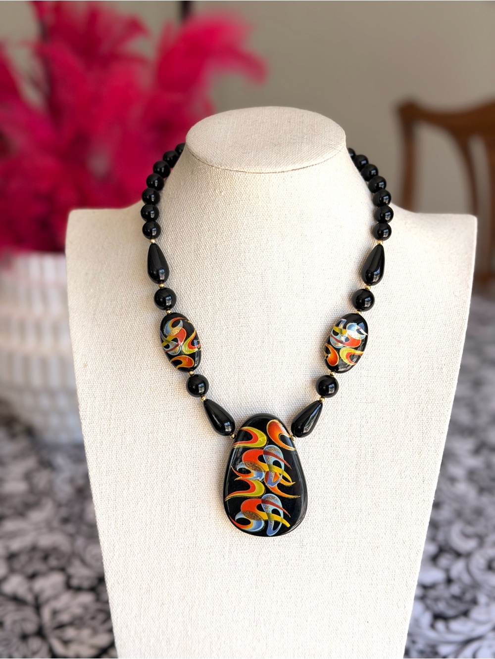 Taramanda Black Beaded Statement Necklace Multicolor Abstract Pendant NWT
